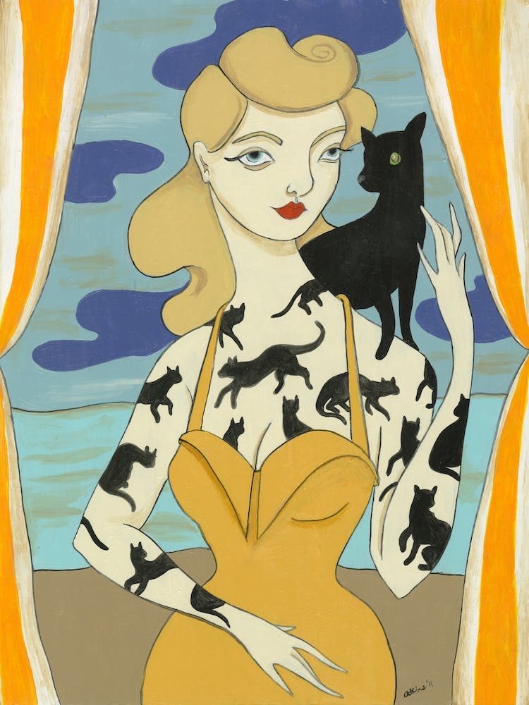 Tattooed Lady With Black Cats
