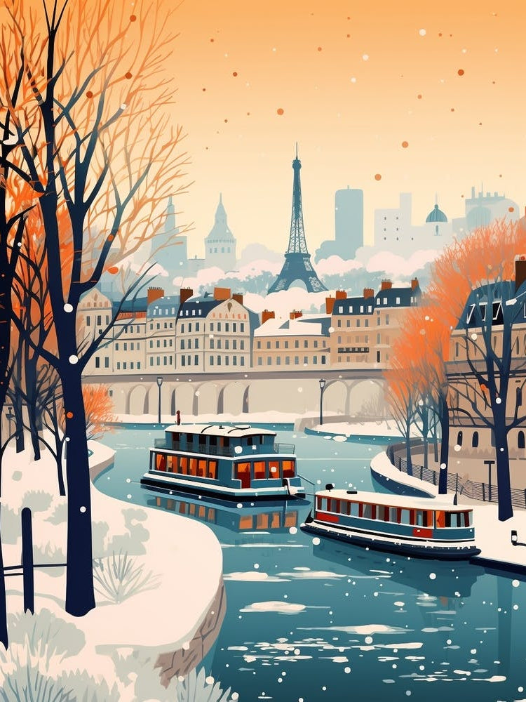 Vintage Winter Travel Illustration Paris France 5