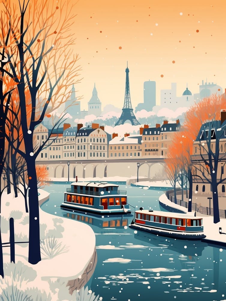 Vintage Winter Travel Illustration Paris France 5