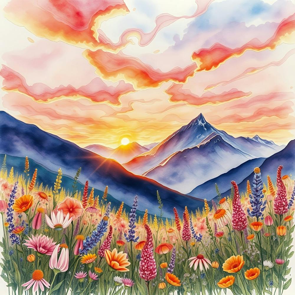 Watercolor Of Mountains And Flowers 3