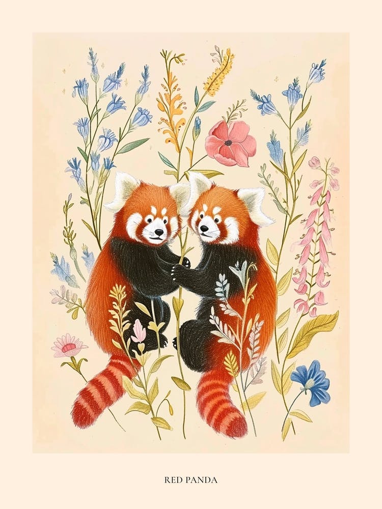 Folksy Floral Animal Drawing Red Panda Poster