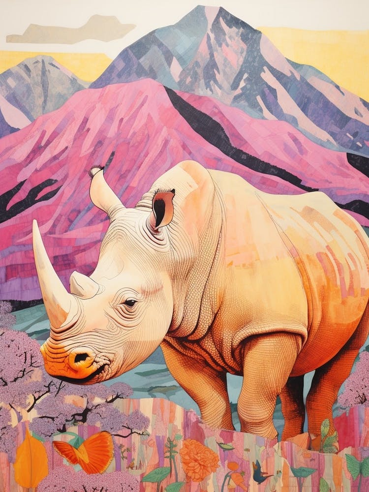 Patchwork Floral Rhino With Mountain In The Background 4