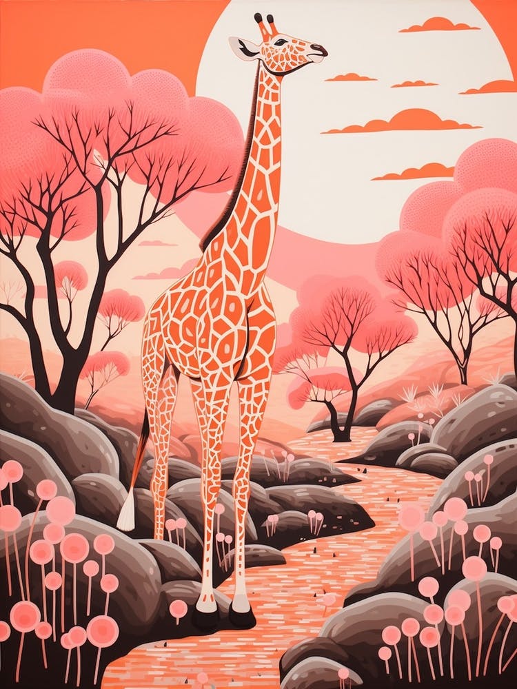 Giraffe In The Nature With Trees Pink 4