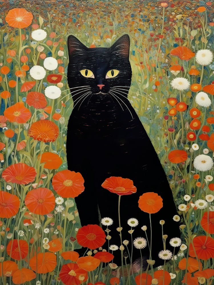 Gustav Klimt Garden, Black Cat With Orange Flowers