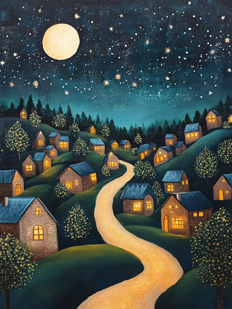 Village At Night With Stars and Moon In The Sky 4