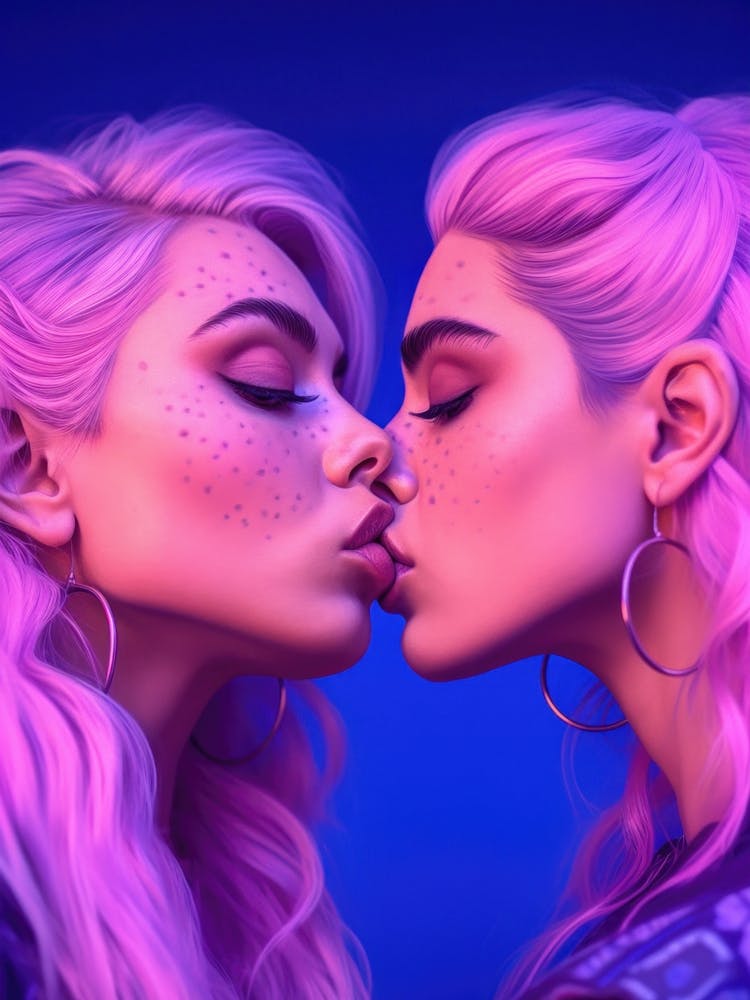 Pink Kawaii Girls Kiss LGBTQ Lesbian