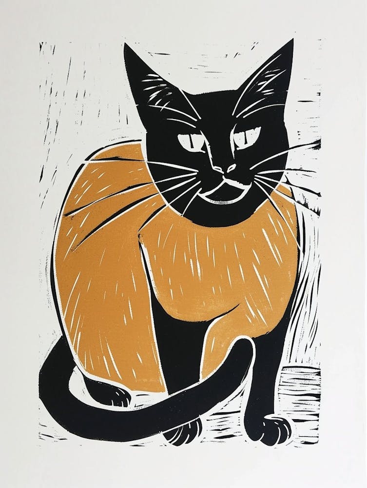 Siamese Cat Linocut Blockprint 3