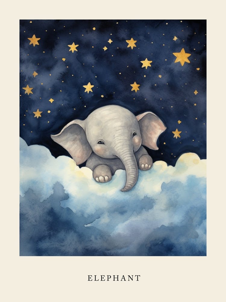 Baby Elephant 1 Sleeping In The Clouds Nursery Poster