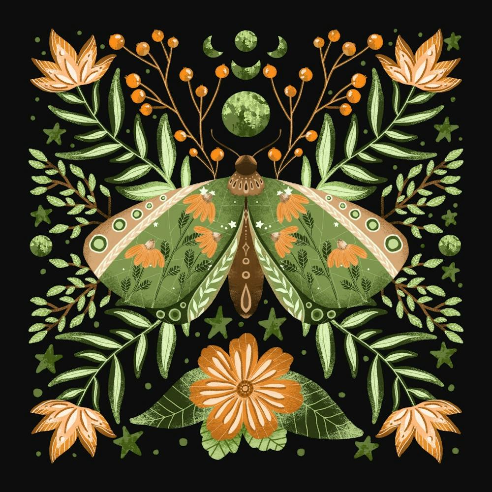 Whimsical green butterfly with summer flowers