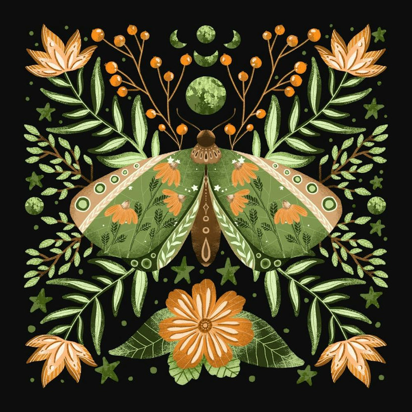 Whimsical green butterfly with summer flowers