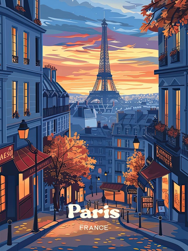 Paris France Evening Travel Illustration