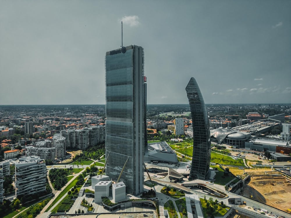 Drone photography of the business district City Life Milan. Milan architecture