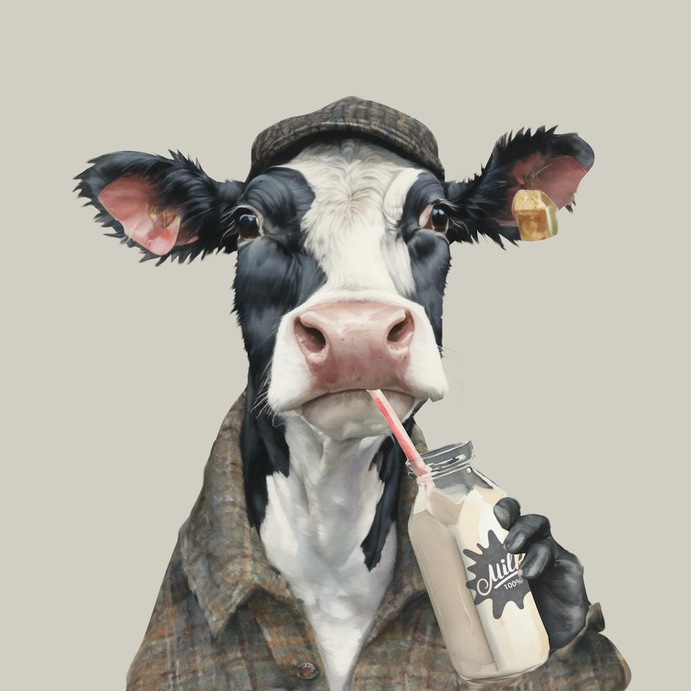 Watercolour Dairy Cow Drinking Milk