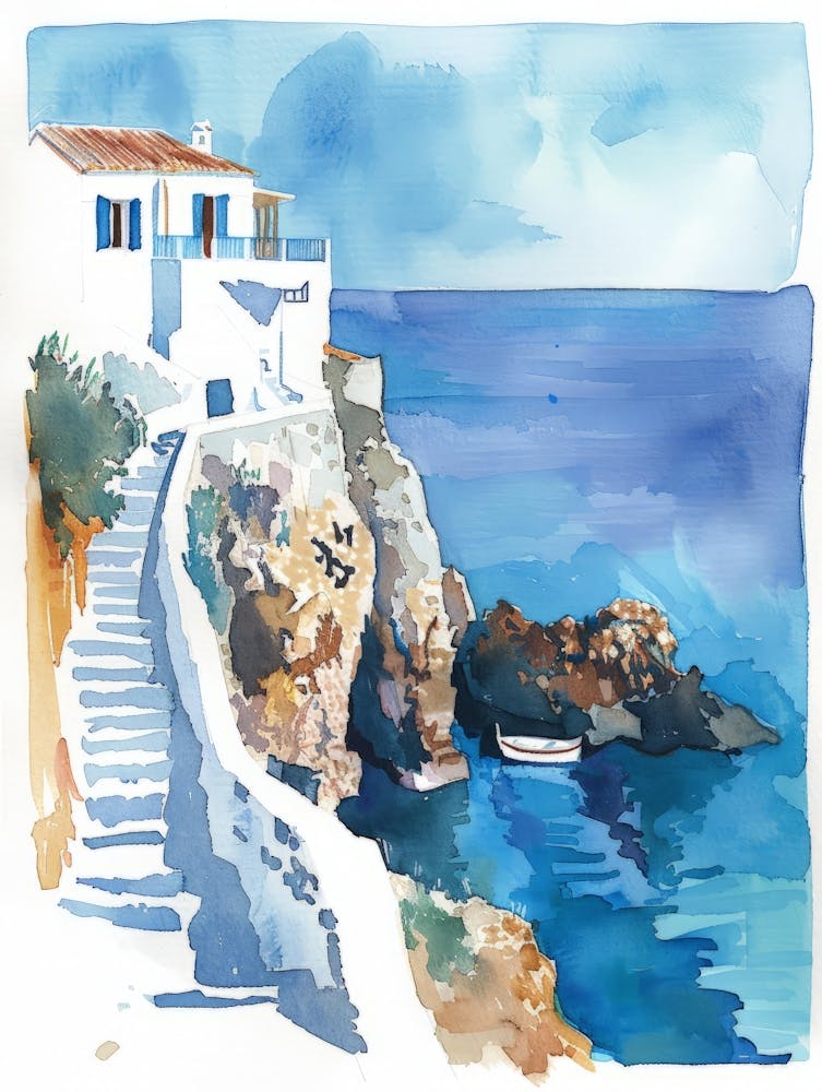 Watercolor Of A House By The Sea