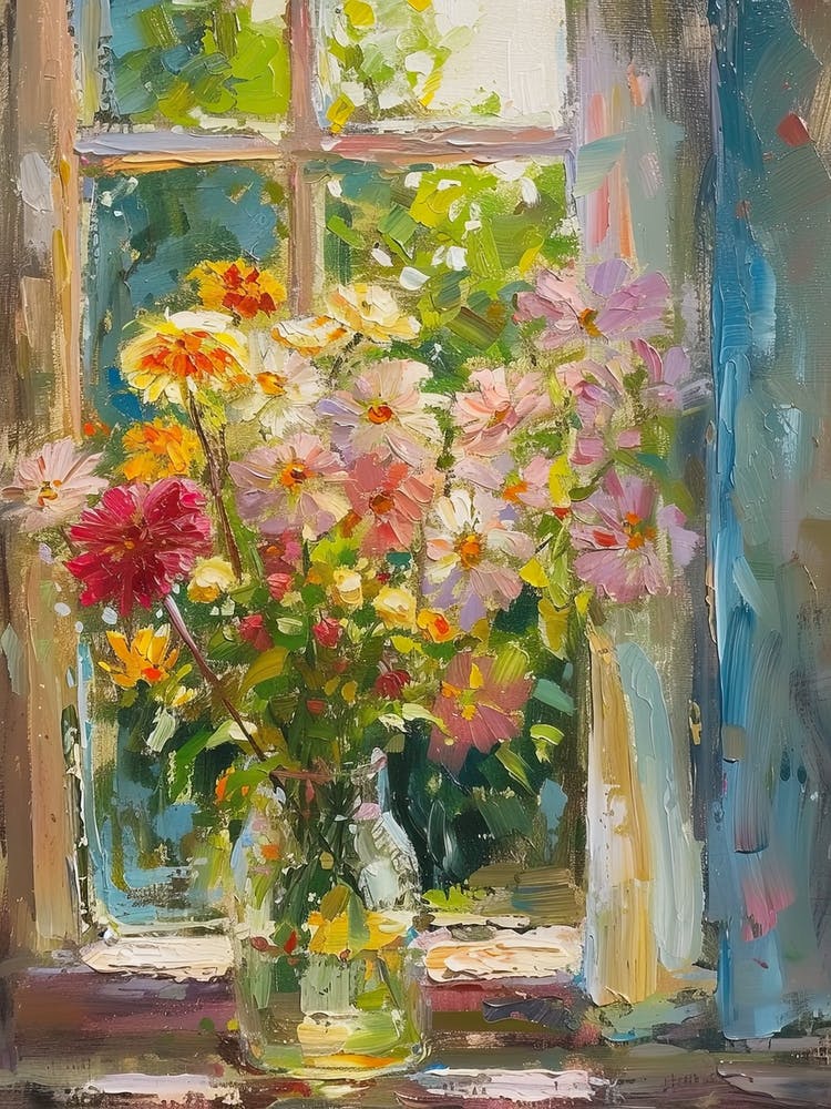 Zinnia Flowers On A Cottage Window 1