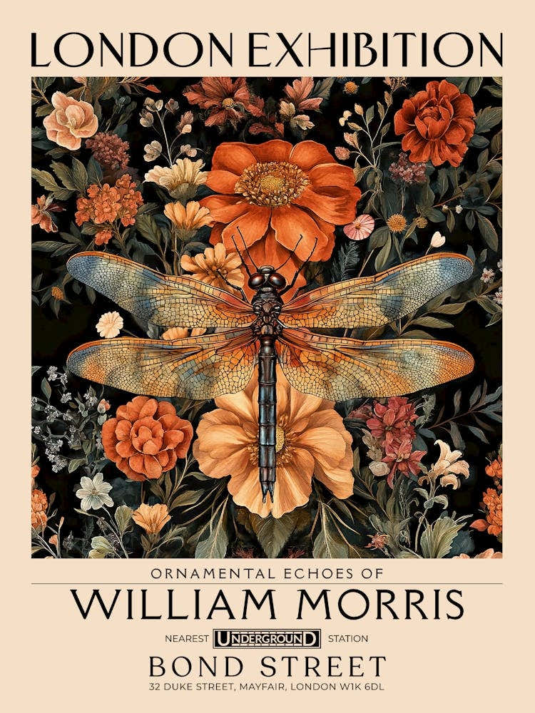 William Morris Dragonfly and floral artwork, insect and flower pattern vintage Botanical print for cottagecore, maximalist decor,floral tapestry Victorian nature illustration bedroom vintage decor 32
