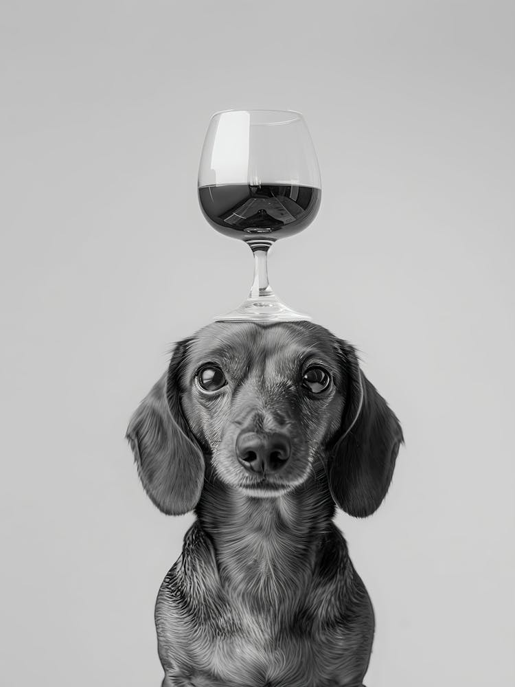 Dachshund Balancing Wine On Head Wall Art, Black And White Print, Wine Glass Art, Alcohol Print, Funny Dog Poster, Kitchen Wall Decor