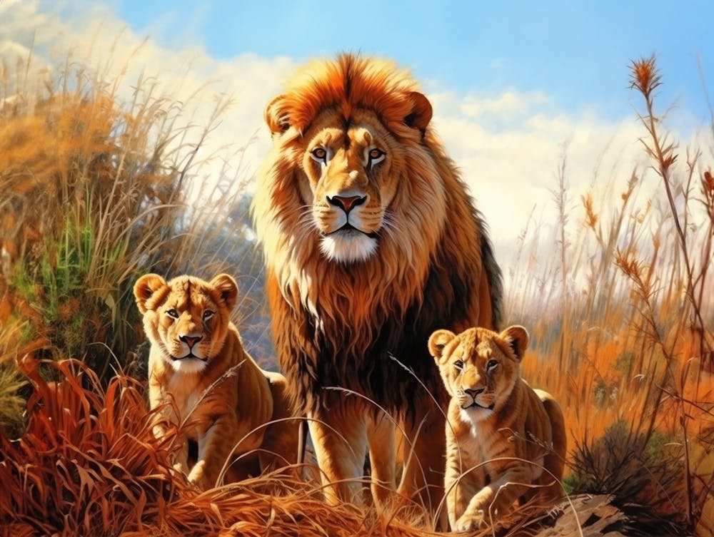 African Lion With Cubs Realism Painting 1