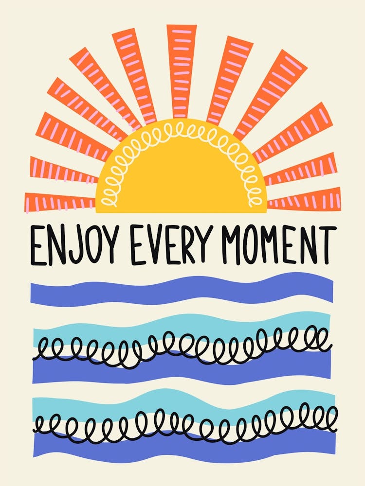 Enjoy Every Moment Colorful Folk Art Sun and Waves Illustration