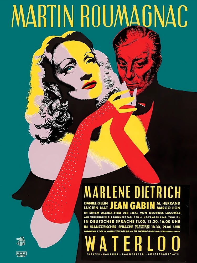 Marlene Dietrich Crime Film Martin Rougmanac, Waterloo, vintage Movie Poster.