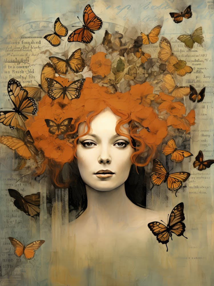 Woman With Orange Hair And Butterflies