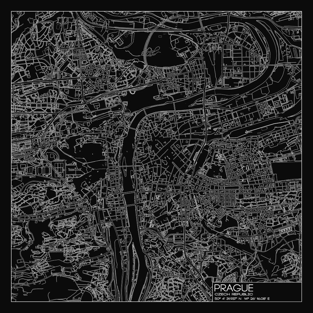 Prague Czech Republic city map white on black blueprint design