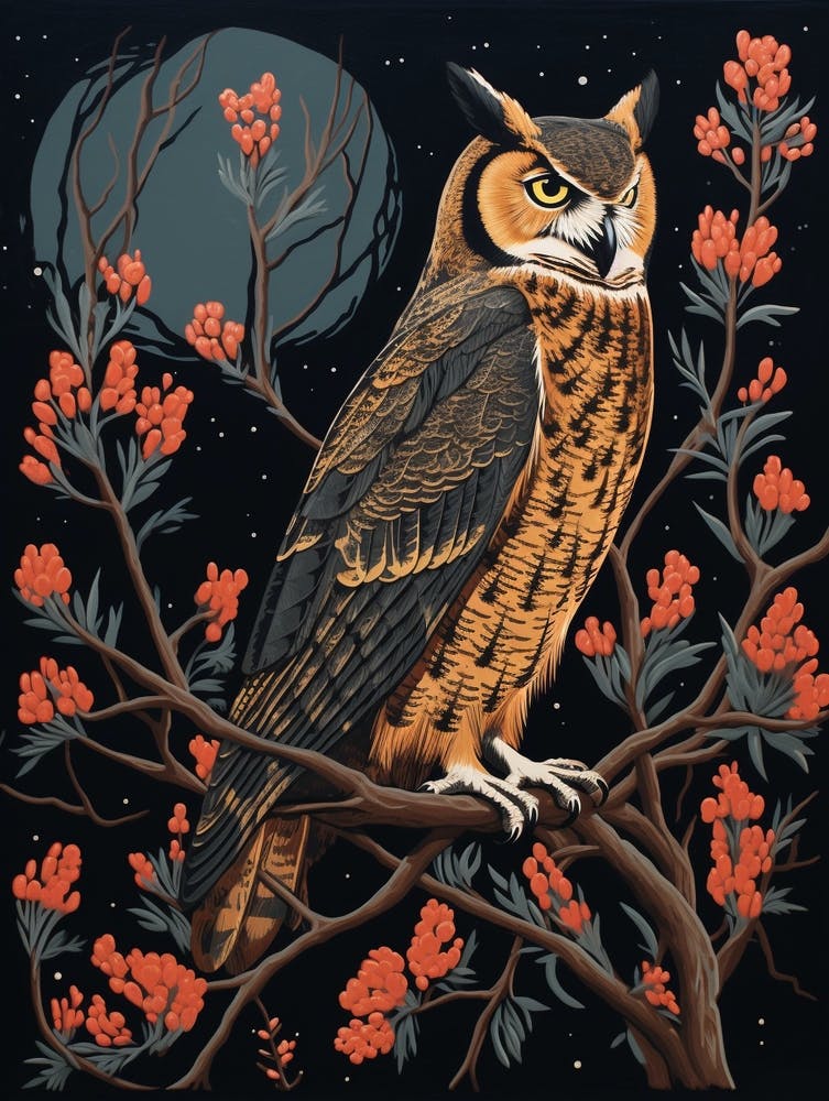 Linogravure Oiseau Vintage Hibou Grand-Duc 1