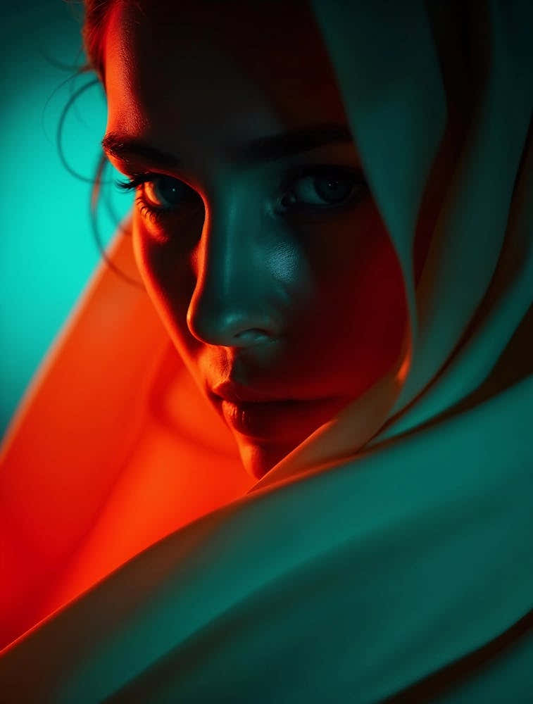 Mysterious Female Face with Teal and Orange Glow
