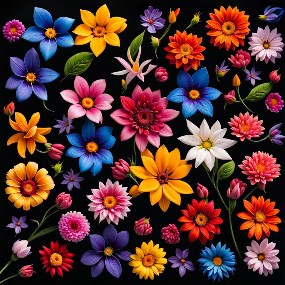 Set Of Colorful Flowers On Black Background