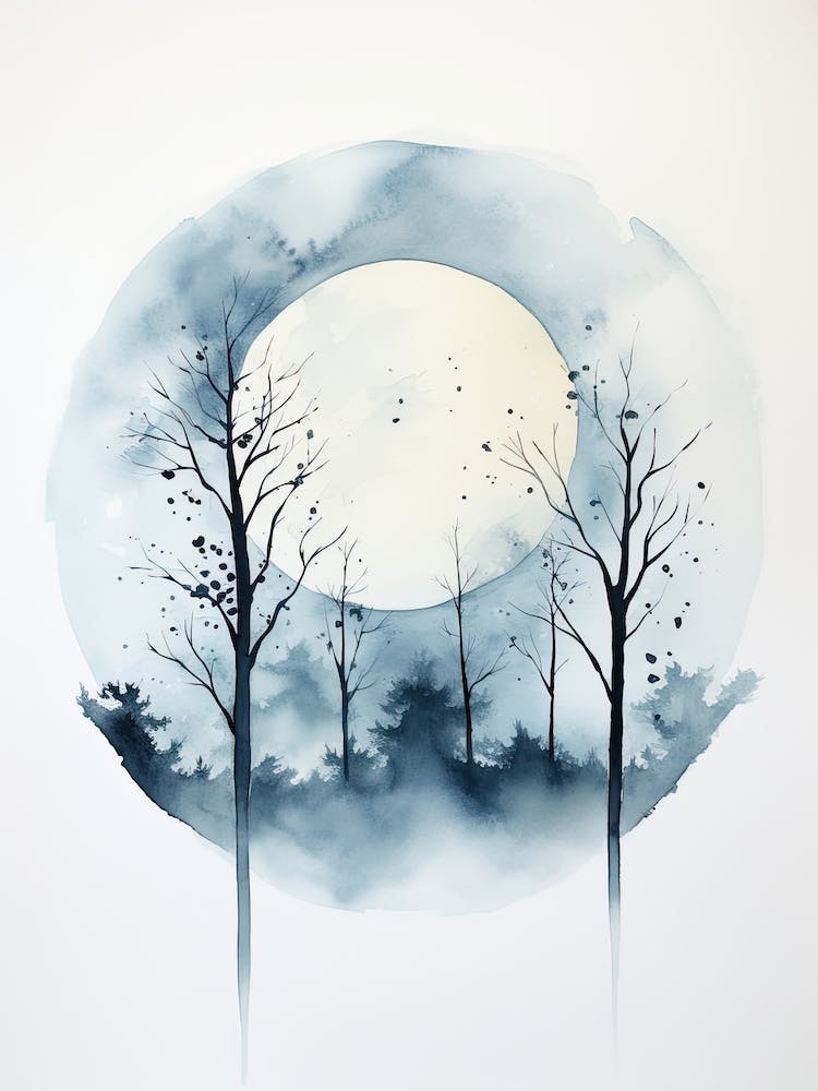 Watercolour Of A The Woods With A Moon 3