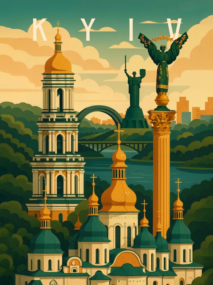 Kyiv Travel Poster Ukraine – Golden Domes & Dnipro Skyline: This travel poster of Kyiv captures the golden domes, cathedrals, and panoramic views over the Dnipro River. From historic monuments to city bridges, it showcases the beauty of Ukraine’s capital – a tribute to Eastern European culture and architecture.