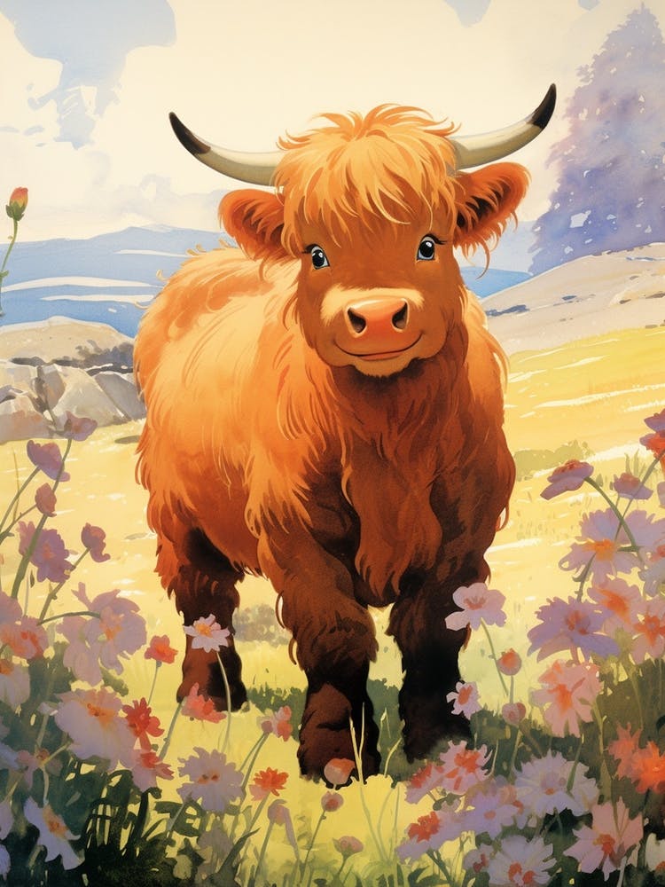 Animated Sweet Highland Cow With Flowers