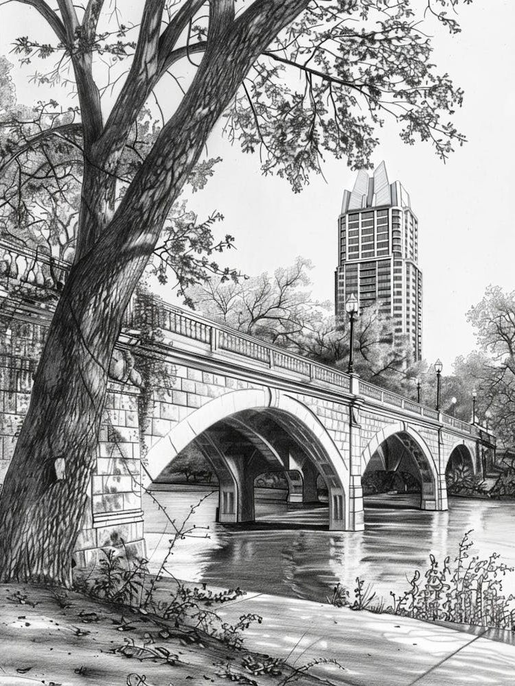 Congress Avenue Bridge Austin Texas Black And White Drawing 1