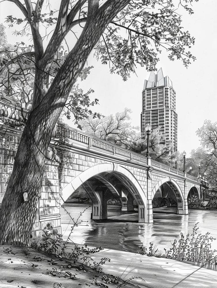 Congress Avenue Bridge Austin Texas Black And White Drawing 1
