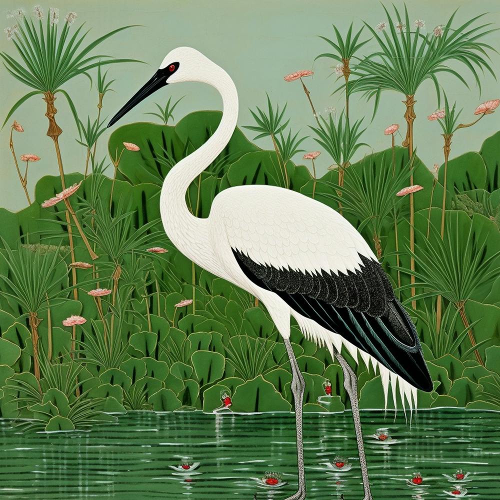 Ohara Koson Inspired Bird Painting Greater Flamingo 2 Square