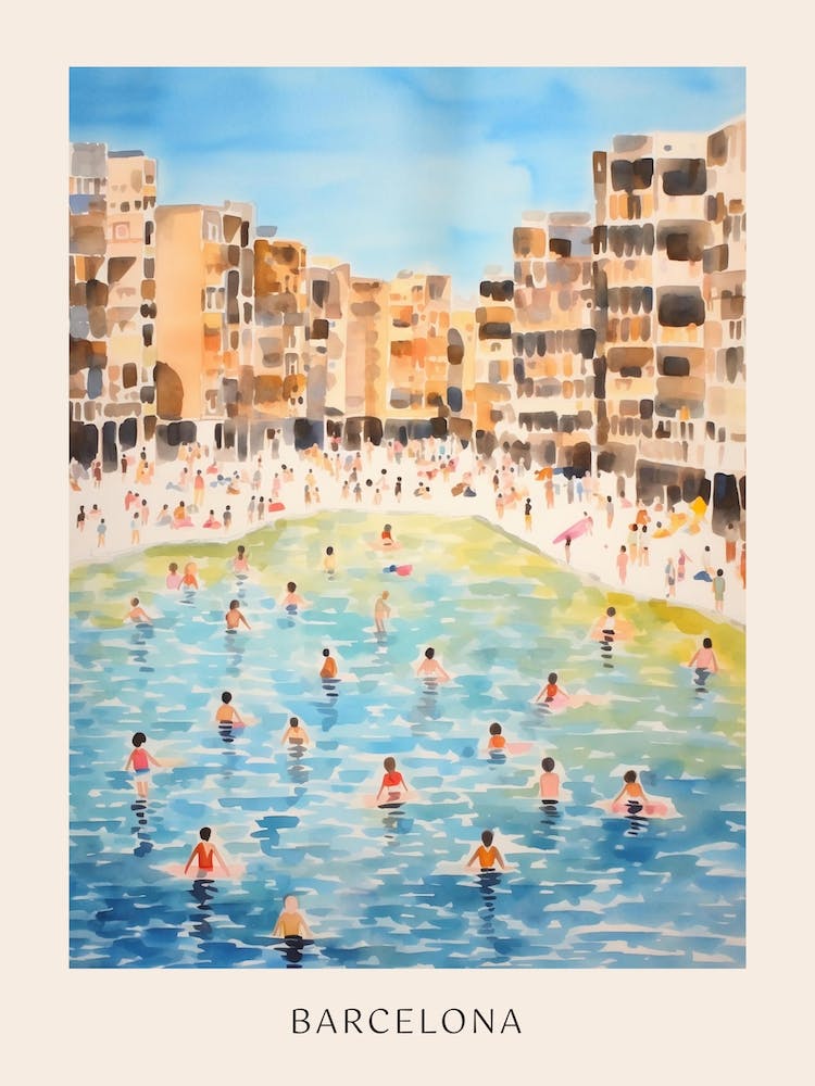Swimming In Barcelona Spain Watercolour Poster