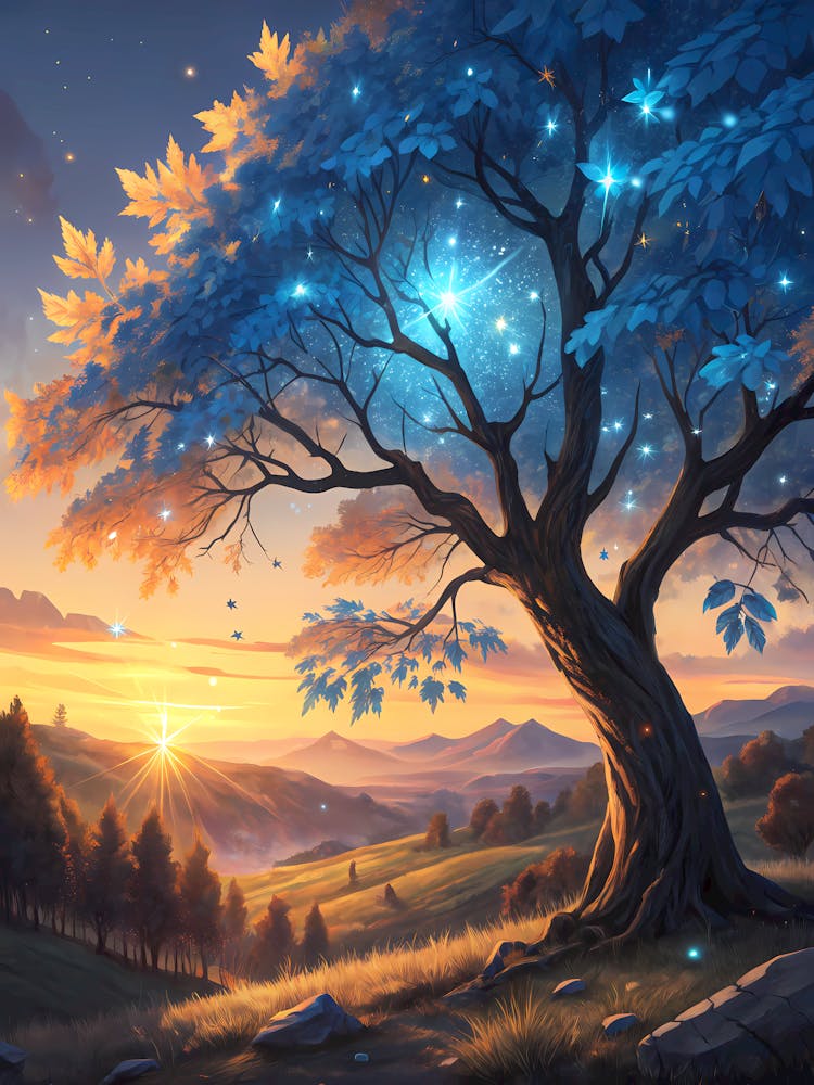 Oil Painting Style Enchanted Sparkle Tree Magical Forest Landscape with Sunset