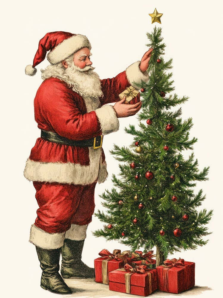 Vintage Santa Claus Decorating Christmas Tree