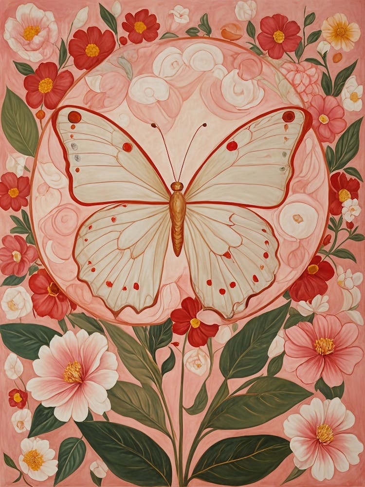 Red Butterfly And Flowers no1