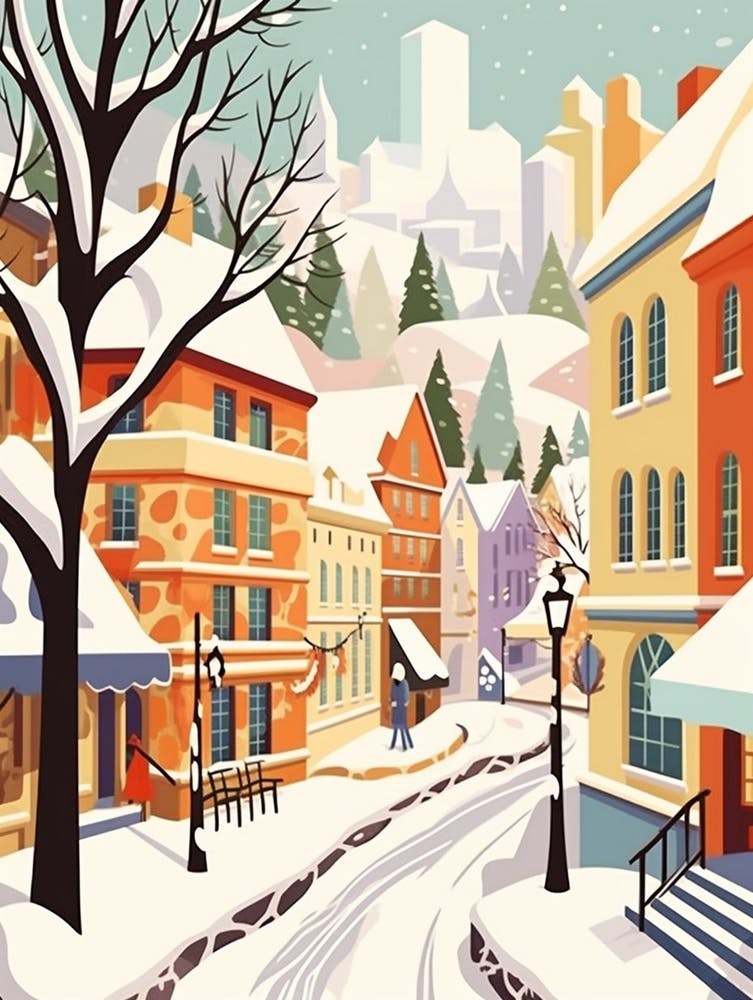 Vintage Winter Travel Illustration Quebec City Canada 2