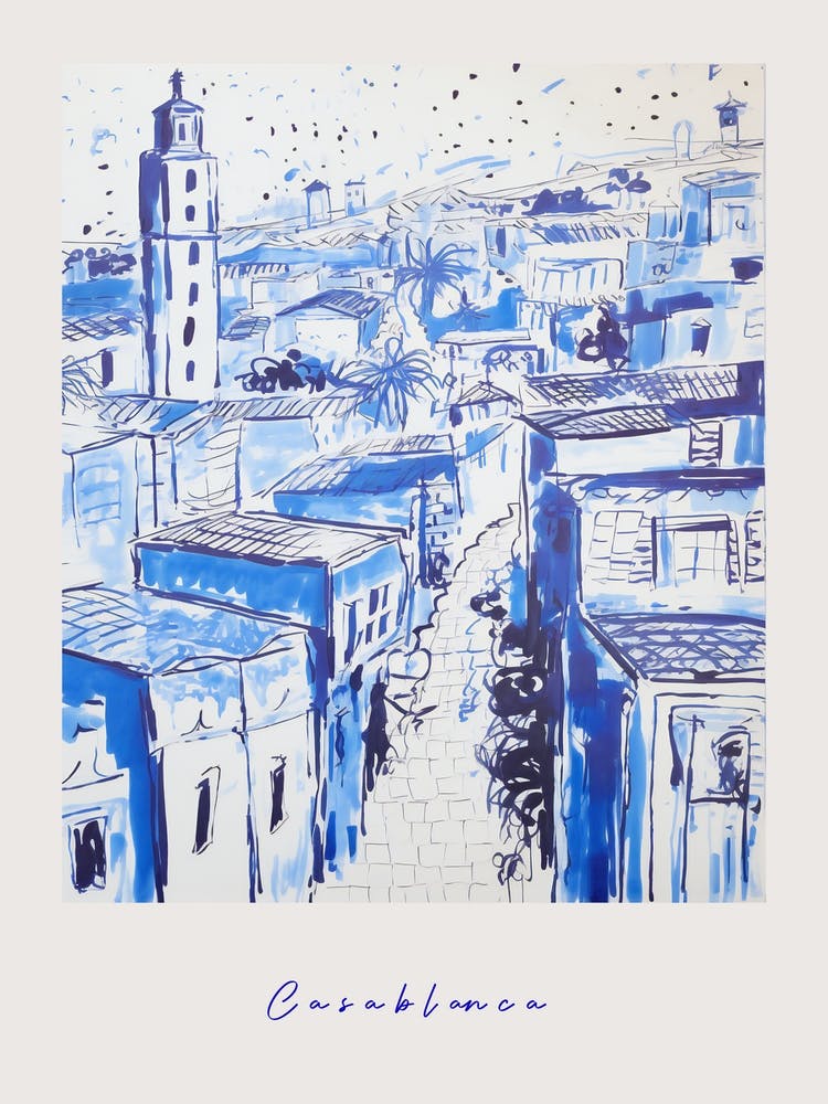 Casablanca Marokko 2 Mediterran Blau Zeichnungsplakat