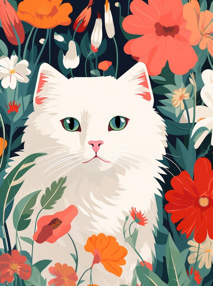 White Cat In Flowers 2