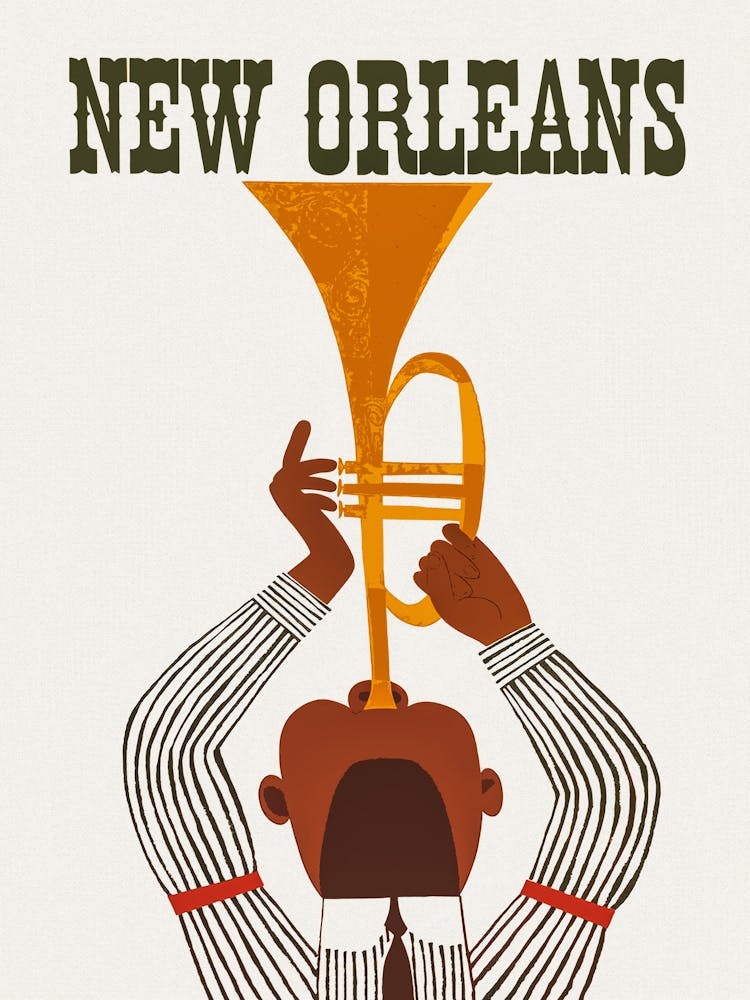 New Orleans, Trumpet Player, Vintage Travel Poster