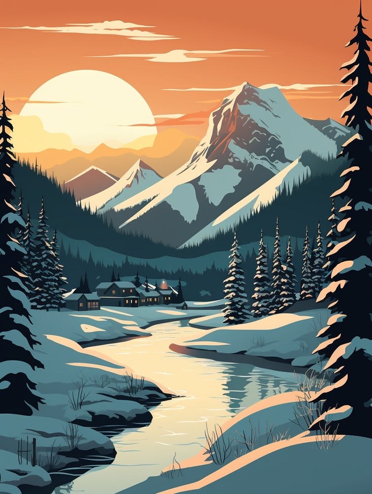 Winter Travel Night Illustration Banff Canada 3