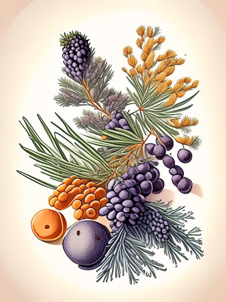 Juniper Berries Spices And Herbs Retro Drawing 2