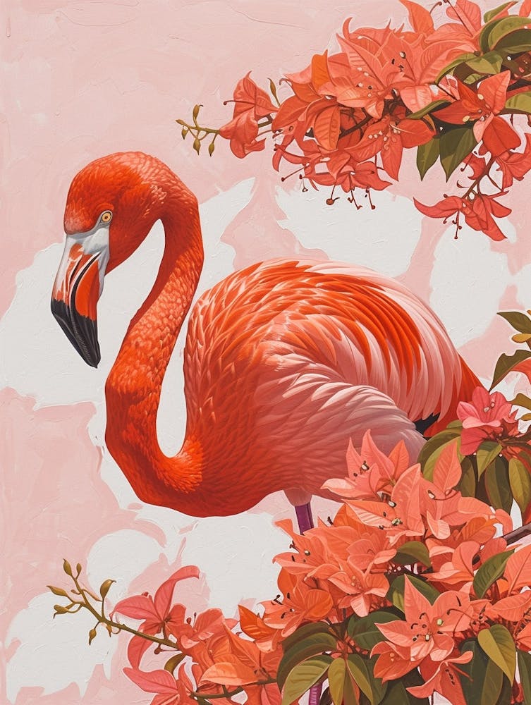 American Flamingo And Bougainvillea Minimalist Illustration 1