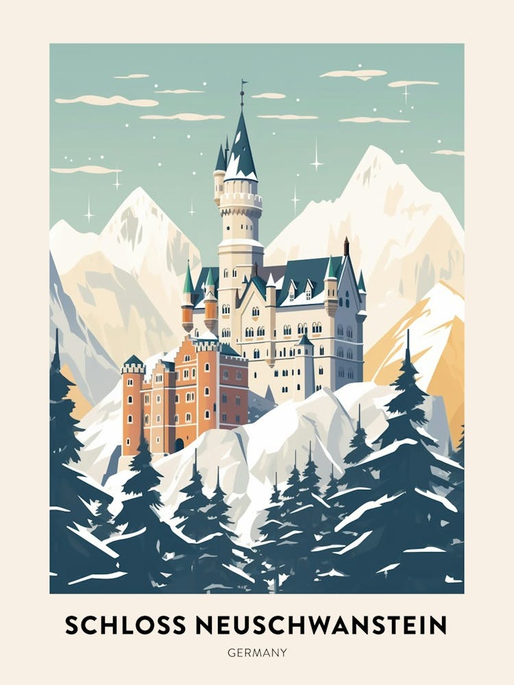 Vintage Winter Travel Poster Schloss Neuschwanstein Germany 6