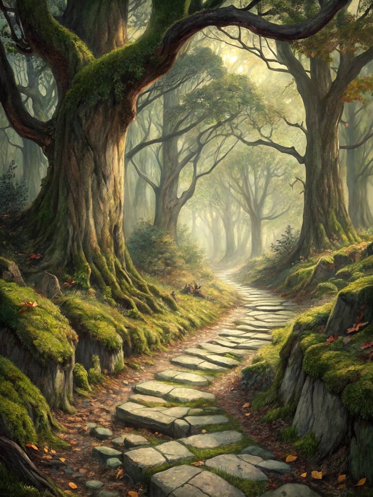 Oil Painting Style Stone Lined Path Through