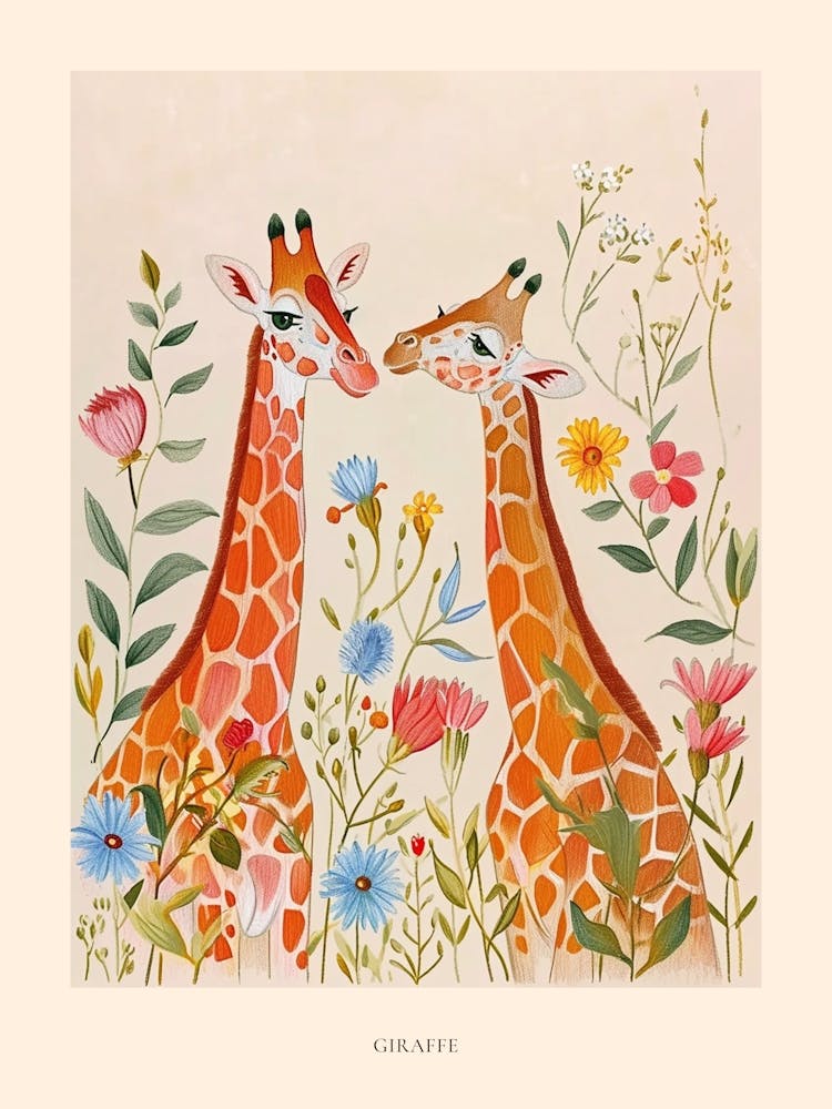 Folksy Floral Animal Drawing Giraffe 4 Poster