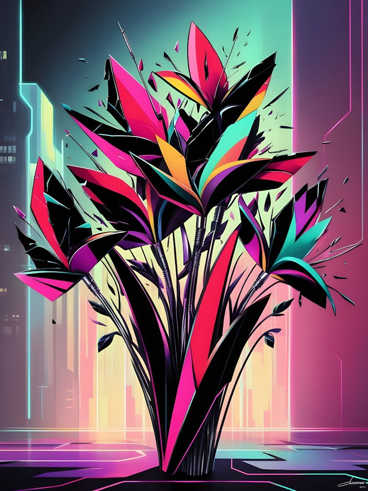 Neon Flowers In A Vase